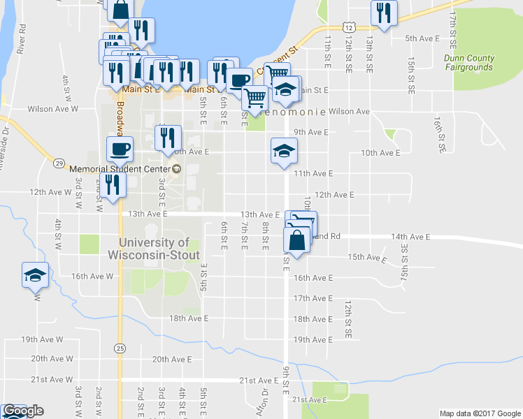 map of restaurants, bars, coffee shops, grocery stores, and more near 709 13th Avenue East in Menomonie