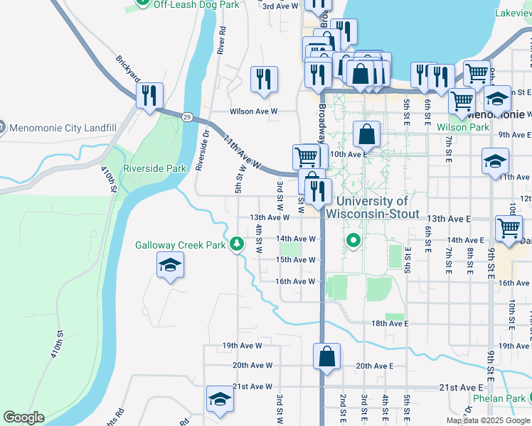 map of restaurants, bars, coffee shops, grocery stores, and more near 320 13th Avenue West in Menomonie