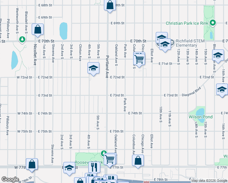 map of restaurants, bars, coffee shops, grocery stores, and more near 7244 Oakland Avenue South in Minneapolis