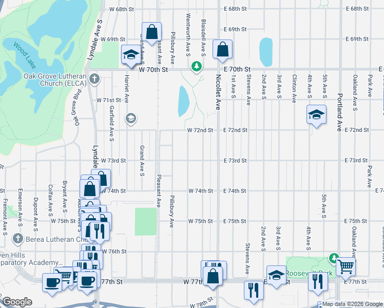 map of restaurants, bars, coffee shops, grocery stores, and more near 7245 Wentworth Avenue South in Minneapolis