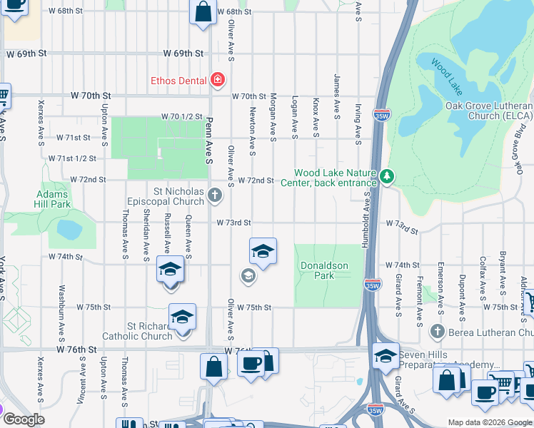 map of restaurants, bars, coffee shops, grocery stores, and more near 7245 Morgan Avenue South in Minneapolis