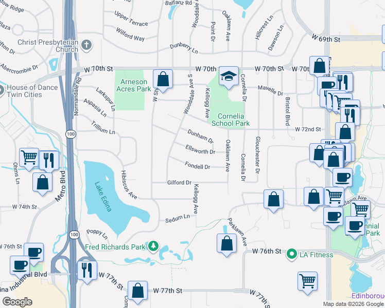 map of restaurants, bars, coffee shops, grocery stores, and more near 4436 Fondell Drive in Minneapolis