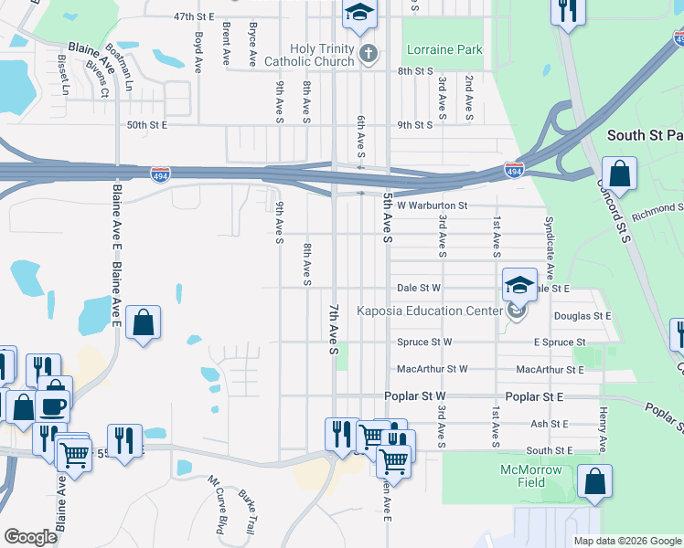 map of restaurants, bars, coffee shops, grocery stores, and more near 618 Dale Street West in South Saint Paul
