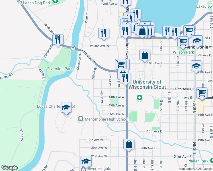 map of restaurants, bars, coffee shops, grocery stores, and more near 320 13th Avenue West in Menomonie