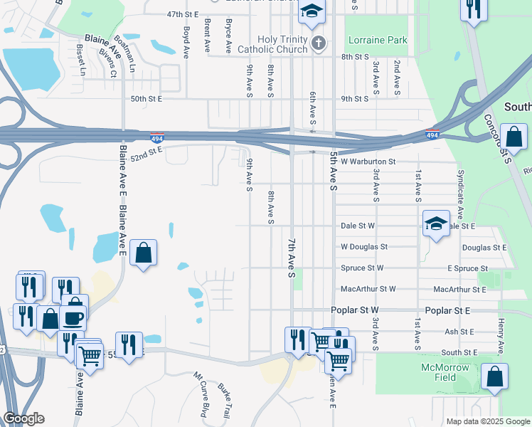 map of restaurants, bars, coffee shops, grocery stores, and more near 1144 8th Avenue South in South Saint Paul