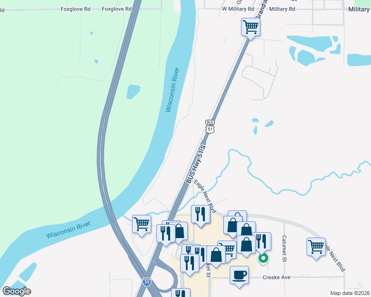 map of restaurants, bars, coffee shops, grocery stores, and more near U.S. 51 Business in Rothschild