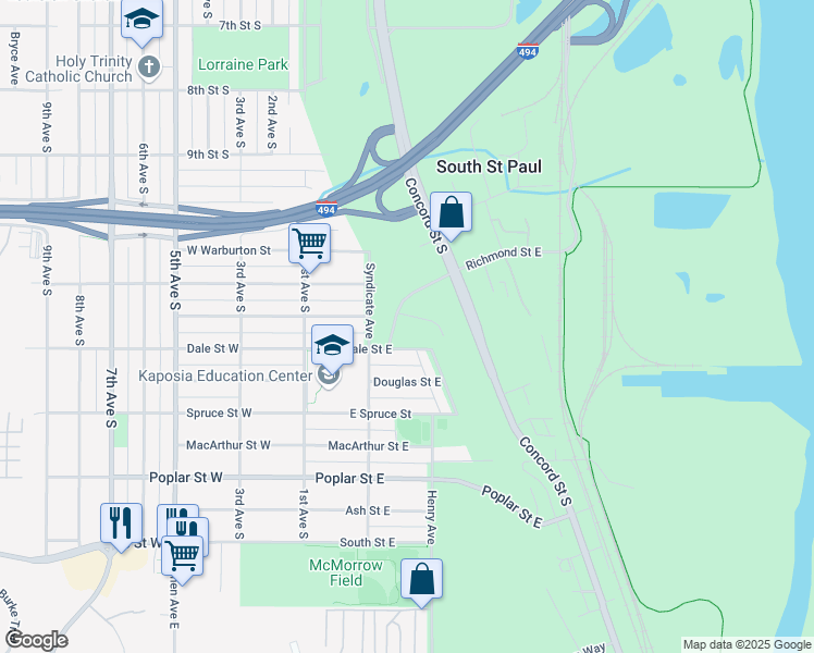 map of restaurants, bars, coffee shops, grocery stores, and more near 227 Dale Street East in South Saint Paul