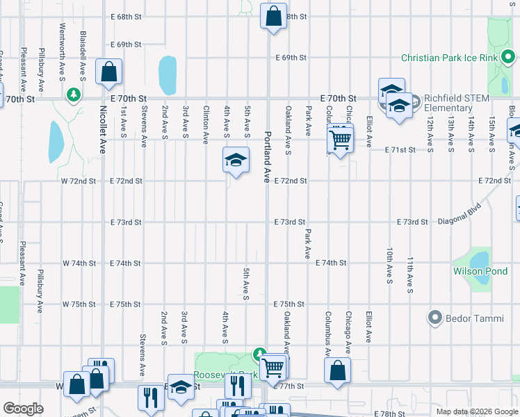 map of restaurants, bars, coffee shops, grocery stores, and more near 7244 Portland Avenue in Richfield