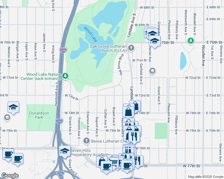 map of restaurants, bars, coffee shops, grocery stores, and more near 7244 Bryant Avenue South in Minneapolis