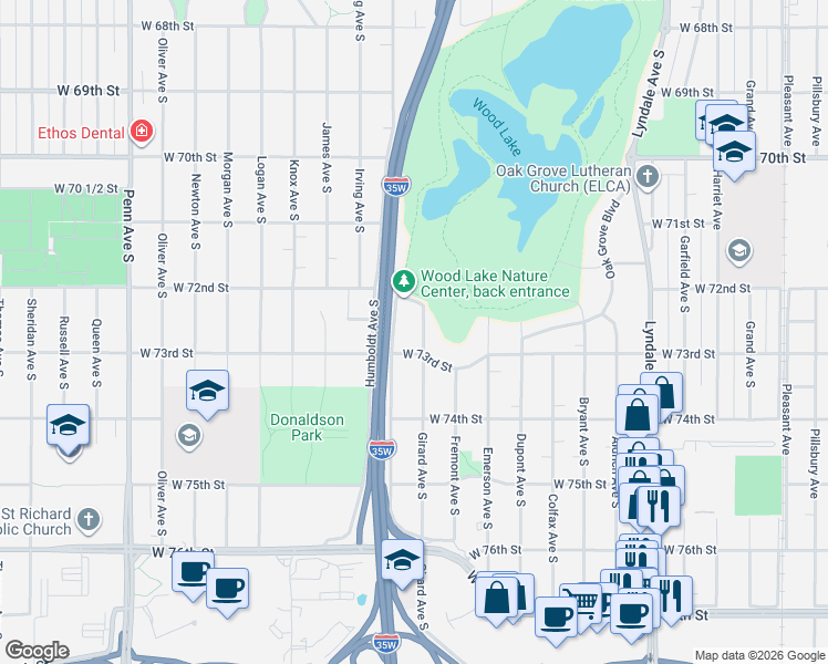 map of restaurants, bars, coffee shops, grocery stores, and more near 1320 West 73rd Street in Minneapolis