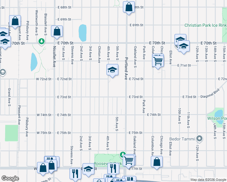 map of restaurants, bars, coffee shops, grocery stores, and more near 424 East 73rd Street in Minneapolis