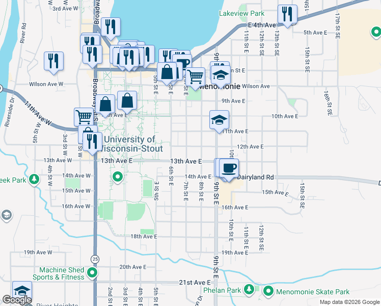 map of restaurants, bars, coffee shops, grocery stores, and more near 709 13th Avenue East in Menomonie