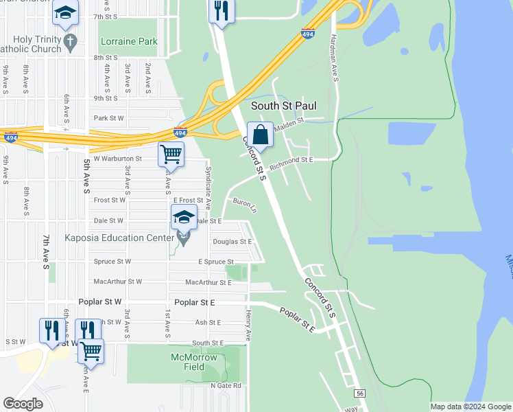 map of restaurants, bars, coffee shops, grocery stores, and more near 241 Buron Lane in South Saint Paul