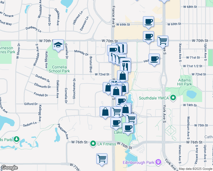 map of restaurants, bars, coffee shops, grocery stores, and more near in Edina