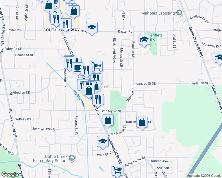 map of restaurants, bars, coffee shops, grocery stores, and more near 5780 Commercial Street Southeast in Salem