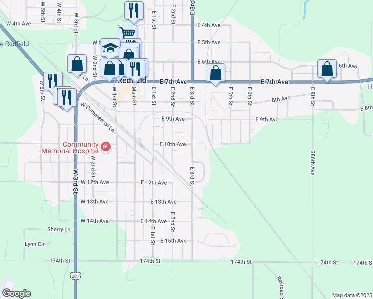 map of restaurants, bars, coffee shops, grocery stores, and more near 1050 East 3rd Street in Redfield