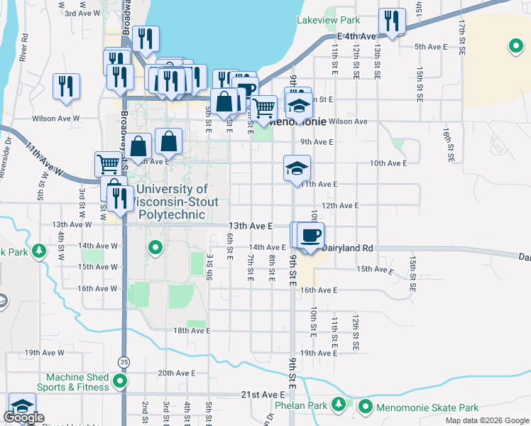 map of restaurants, bars, coffee shops, grocery stores, and more near 709 13th Avenue East in Menomonie