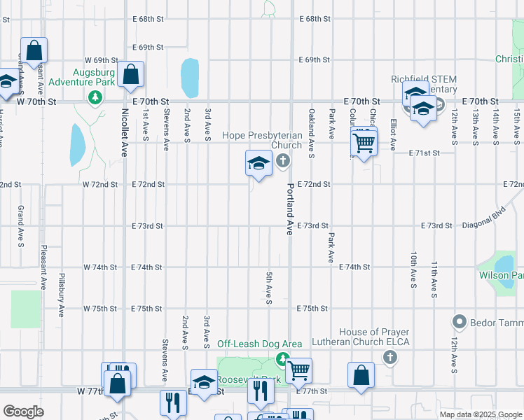 map of restaurants, bars, coffee shops, grocery stores, and more near 7245 4th Avenue South in Minneapolis