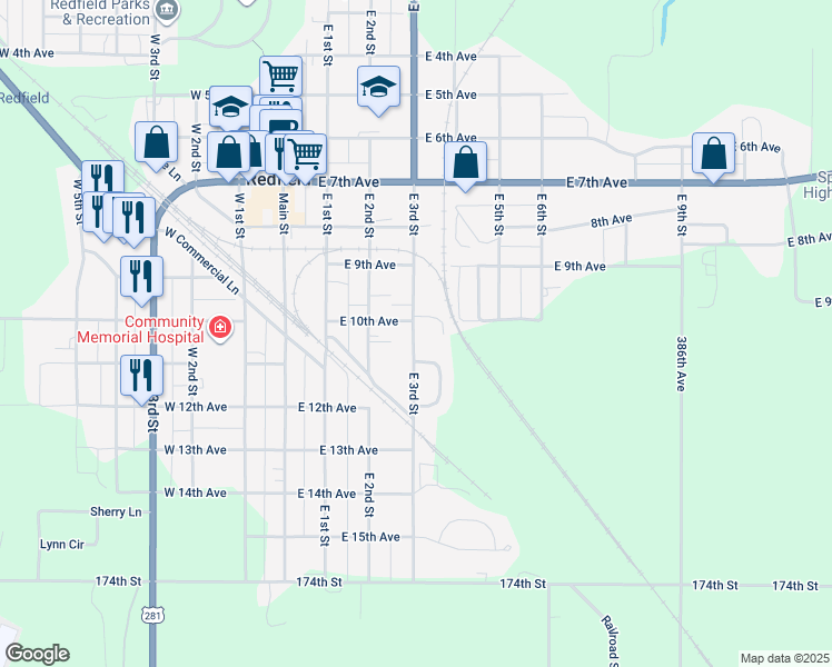 map of restaurants, bars, coffee shops, grocery stores, and more near 1050 East 3rd Street in Redfield