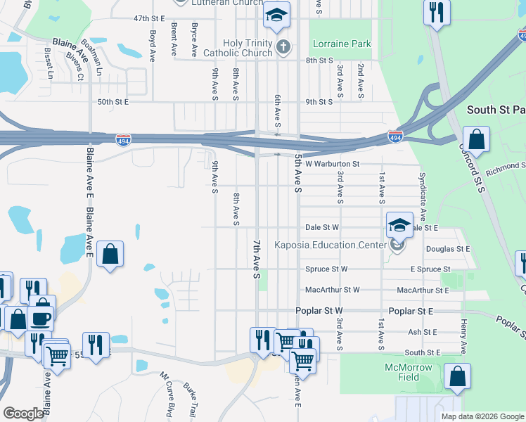 map of restaurants, bars, coffee shops, grocery stores, and more near 618 Dale Street West in South Saint Paul
