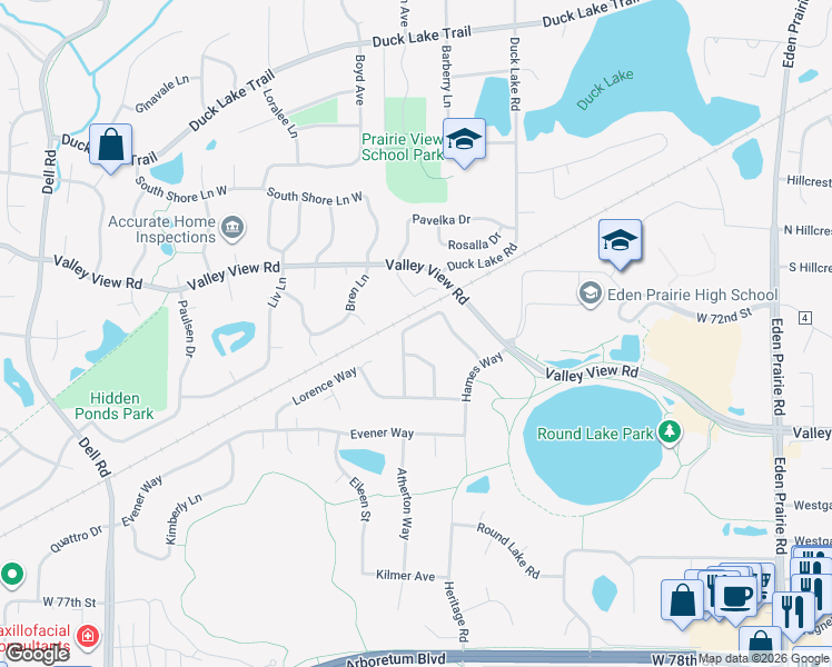 map of restaurants, bars, coffee shops, grocery stores, and more near 7295 Hunters Run in Eden Prairie