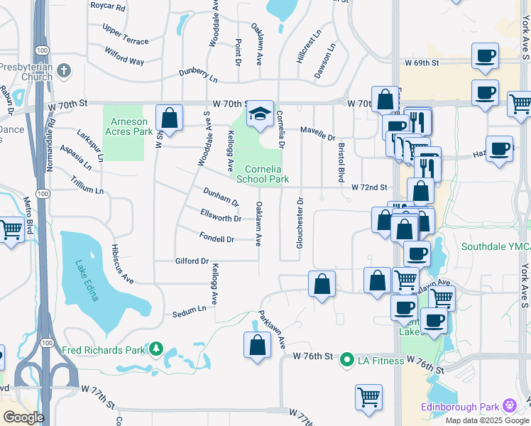 map of restaurants, bars, coffee shops, grocery stores, and more near 4401 Ellsworth Drive in Minneapolis