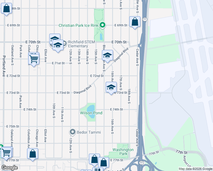 map of restaurants, bars, coffee shops, grocery stores, and more near 1244 East 73rd Street in Richfield