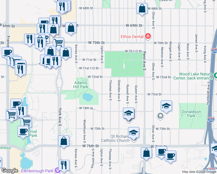map of restaurants, bars, coffee shops, grocery stores, and more near 7245 Thomas Avenue South in Minneapolis