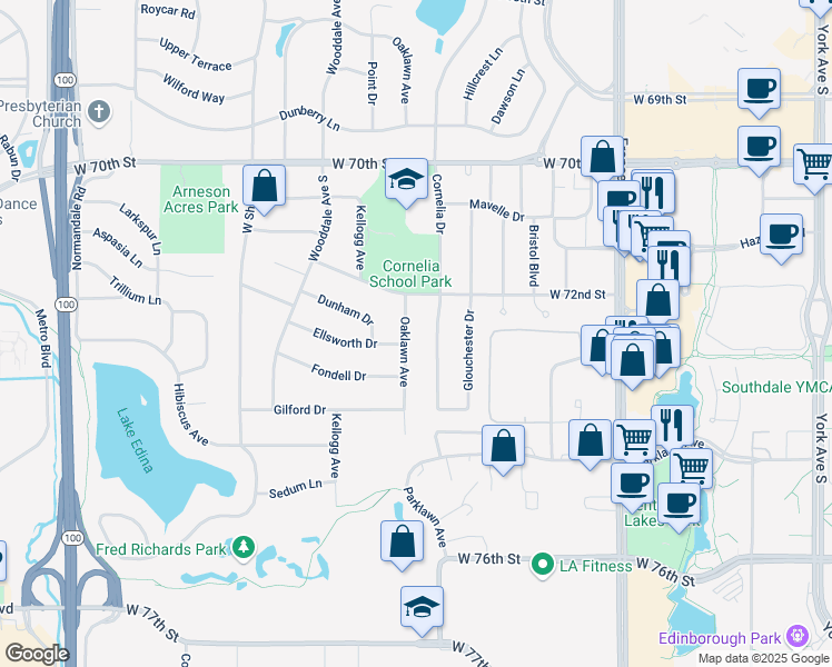 map of restaurants, bars, coffee shops, grocery stores, and more near 4401 Ellsworth Drive in Minneapolis