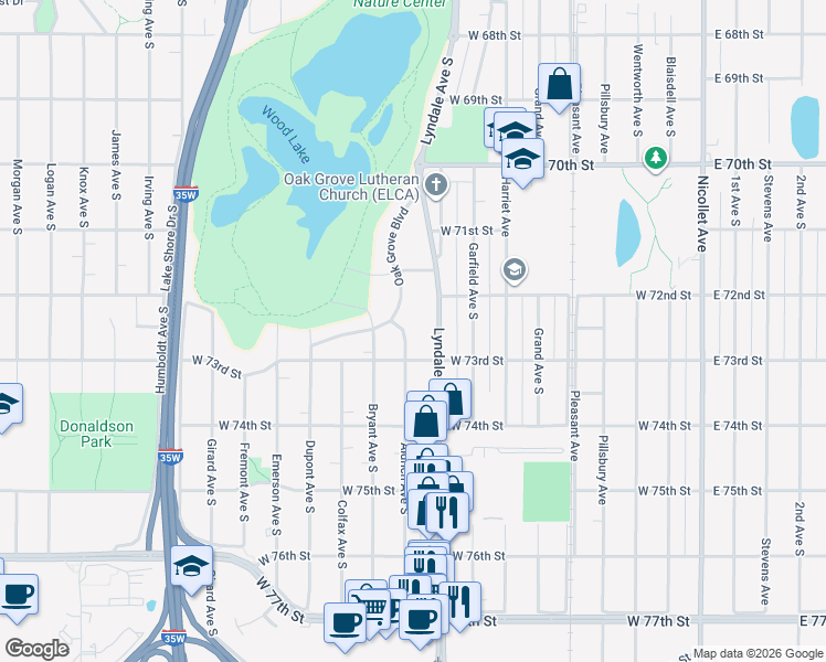 map of restaurants, bars, coffee shops, grocery stores, and more near 720 West 73rd Street in Minneapolis