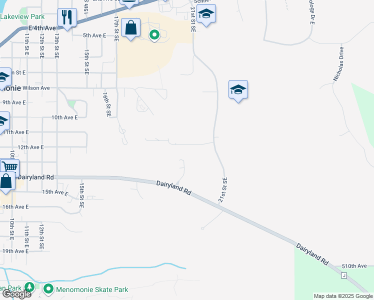 map of restaurants, bars, coffee shops, grocery stores, and more near 2123 Dairyland Road in Menomonie