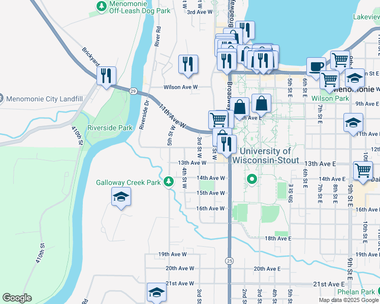 map of restaurants, bars, coffee shops, grocery stores, and more near 327 12th Avenue West in Menomonie