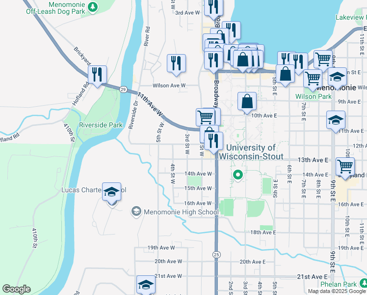 map of restaurants, bars, coffee shops, grocery stores, and more near 221 12th Avenue West in Menomonie