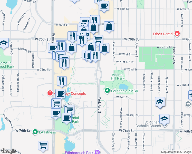 map of restaurants, bars, coffee shops, grocery stores, and more near in Edina