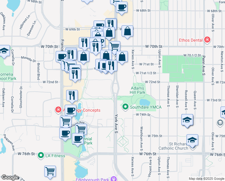 map of restaurants, bars, coffee shops, grocery stores, and more near in Edina