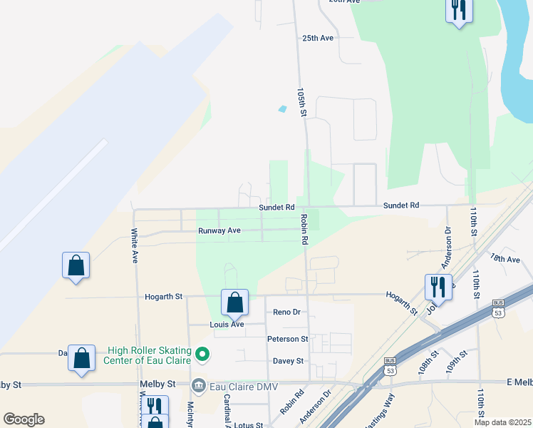 map of restaurants, bars, coffee shops, grocery stores, and more near 10348 20th Avenue in Eau Claire