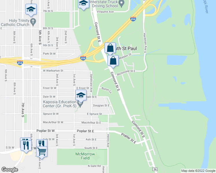 map of restaurants, bars, coffee shops, grocery stores, and more near 221 Buron Lane in South St. Paul