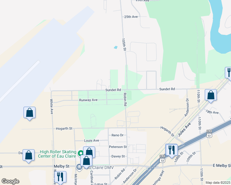 map of restaurants, bars, coffee shops, grocery stores, and more near 3344 Sundet Road in Eau Claire
