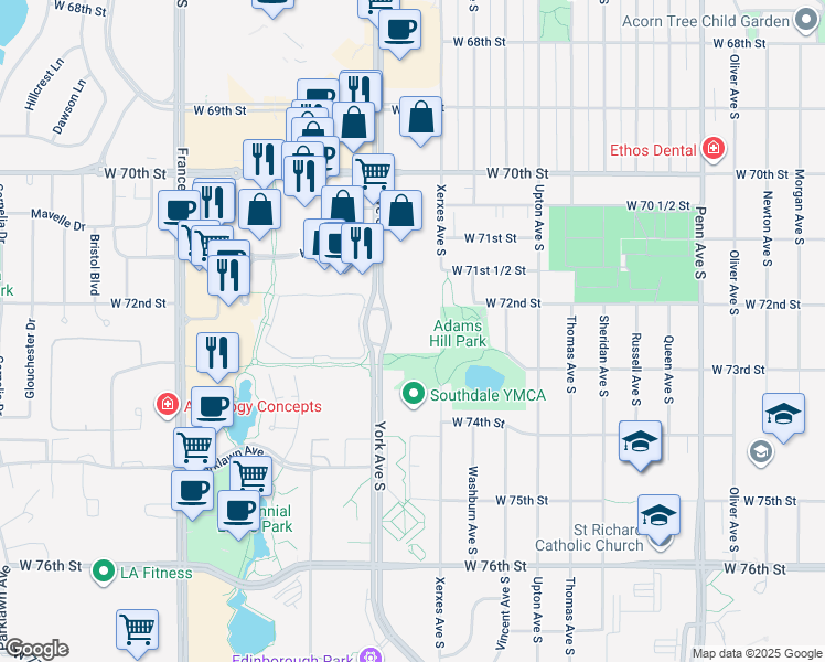 map of restaurants, bars, coffee shops, grocery stores, and more near 7201 York Avenue South in Edina