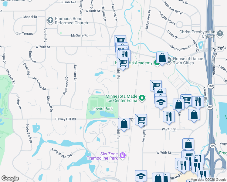 map of restaurants, bars, coffee shops, grocery stores, and more near 7227 Lewis Ridge Parkway in Minneapolis