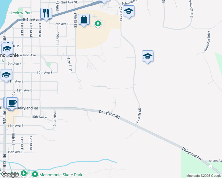 map of restaurants, bars, coffee shops, grocery stores, and more near 2205 11th Avenue East in Menomonie