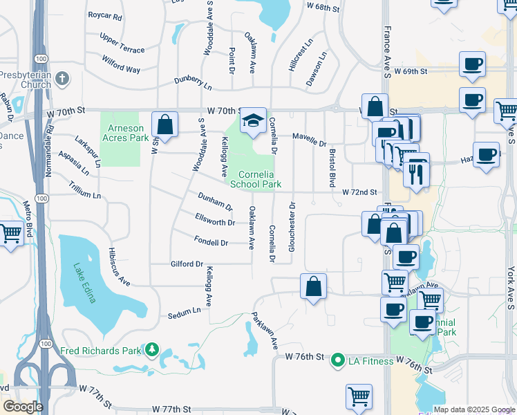 map of restaurants, bars, coffee shops, grocery stores, and more near 7209 Oaklawn Avenue in Minneapolis