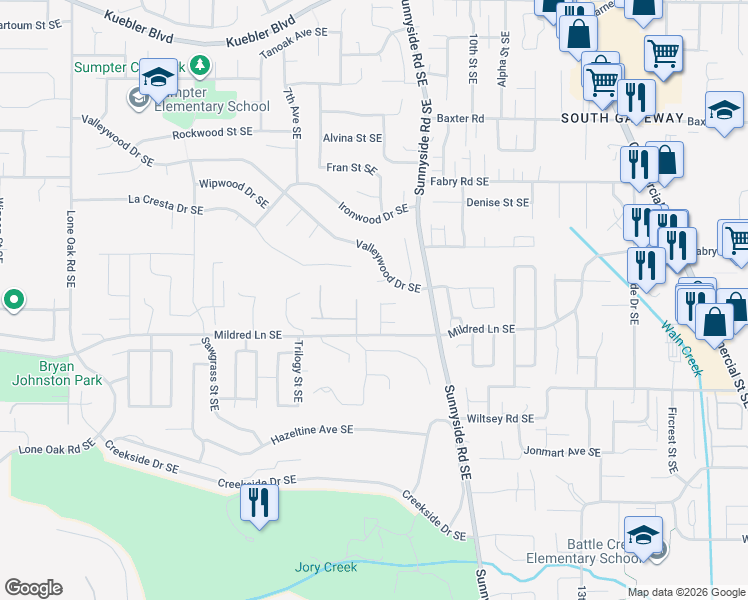 map of restaurants, bars, coffee shops, grocery stores, and more near 5710 Woodview Court Southeast in Salem