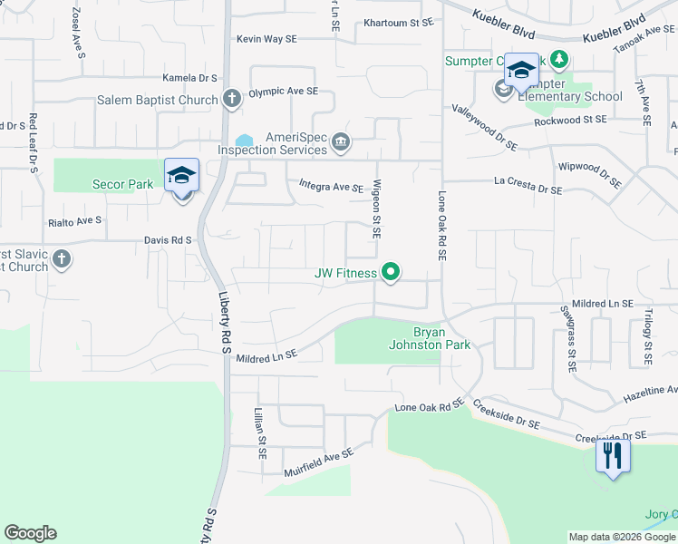 map of restaurants, bars, coffee shops, grocery stores, and more near 5704 Cinnamon Teal Street Southeast in Salem