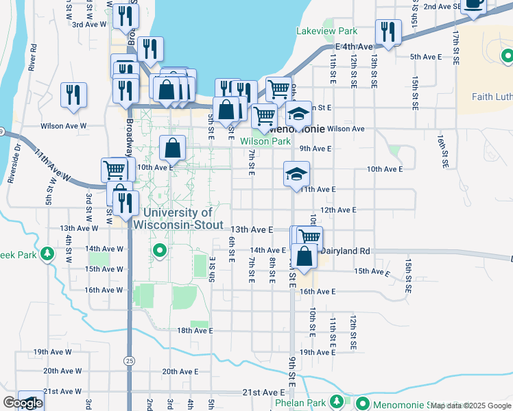 map of restaurants, bars, coffee shops, grocery stores, and more near 706 11th Avenue East in Menomonie