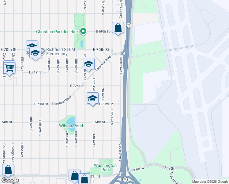 map of restaurants, bars, coffee shops, grocery stores, and more near 7203 18th Avenue South in Richfield