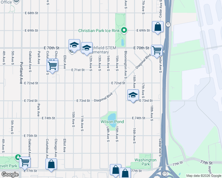map of restaurants, bars, coffee shops, grocery stores, and more near 7201 14th Avenue South in Minneapolis