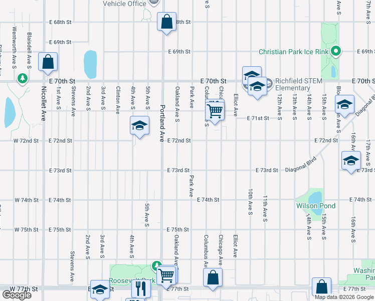 map of restaurants, bars, coffee shops, grocery stores, and more near 7200 Park Avenue in Minneapolis