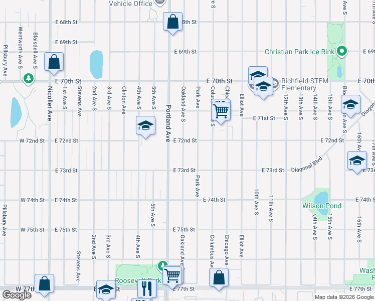 map of restaurants, bars, coffee shops, grocery stores, and more near 7200 Oakland Avenue South in Minneapolis