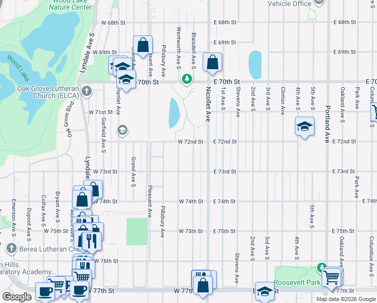 map of restaurants, bars, coffee shops, grocery stores, and more near 7201 Wentworth Avenue South in Minneapolis